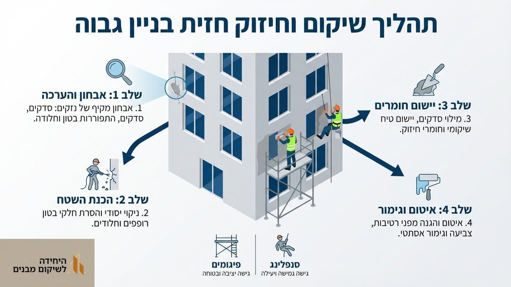 נוצר על ידי מודל בינה מלאכותית Gemini Pro עבודות שיקום מבנה בגובה באמצעות פיגומים