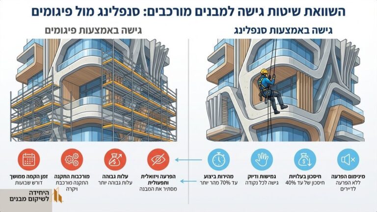 עובד סנפלינג מבצע בדיקת מעטפת חיצונית בבניין גבוה