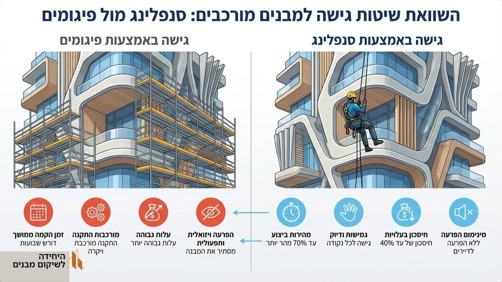 נוצר על ידי מודל בינה מלאכותית Gemini Pro עובד סנפלינג מבצע בדיקת מעטפת חיצונית בבניין גבוה