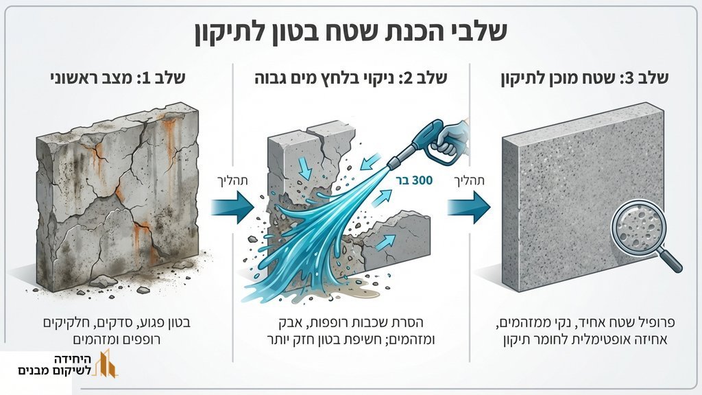 נוצר על ידי מודל בינה מלאכותית Gemini Pro ניקוי בלחץ מים והכנת תשתית לשיקום בטון