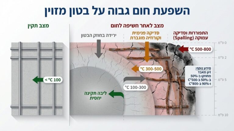 עמוד בטון חשוף עם ברזלי זיון פגועים וסימני פיח לאחר שריפה