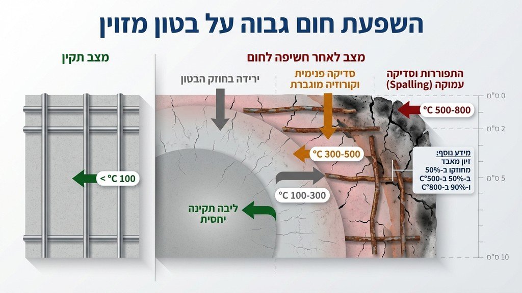 עמוד בטון חשוף עם ברזלי זיון פגועים וסימני פיח לאחר שריפה