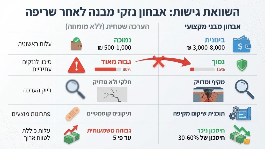 מהנדס בניין בוחן נזקי שריפה במבנה מגורים עם פנס ולוח כתיבה