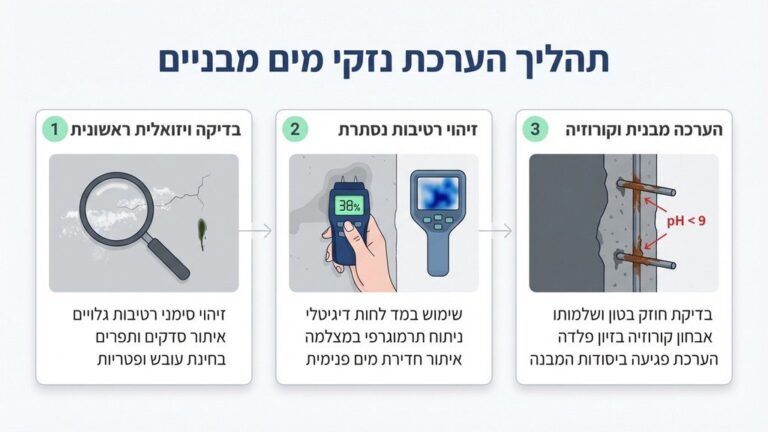 מהנדס מבצע בדיקת רטיבות בקיר בטון באמצעות מכשור טכנולוגי מתקדם לאיתור נזקי הצפה