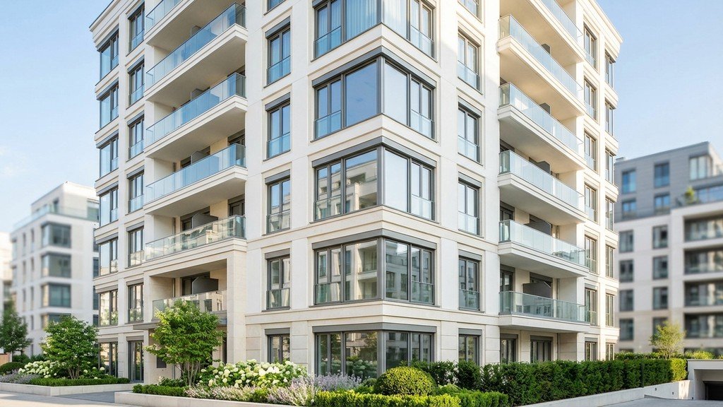 נוצר על ידי מודל בינה מלאכותית Gemini Pro Modern residential building with a freshly renovated and painted facade, looking clean and aesthetic
