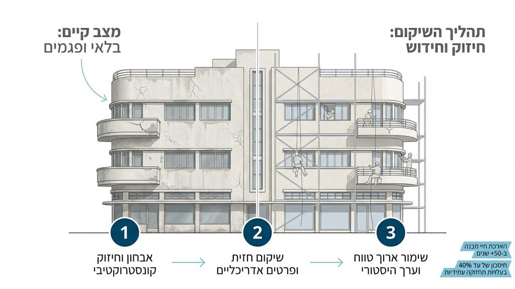 שיקום מבנה לשימור בתהליך עבודה עם פיגומים וציוד בטיחות