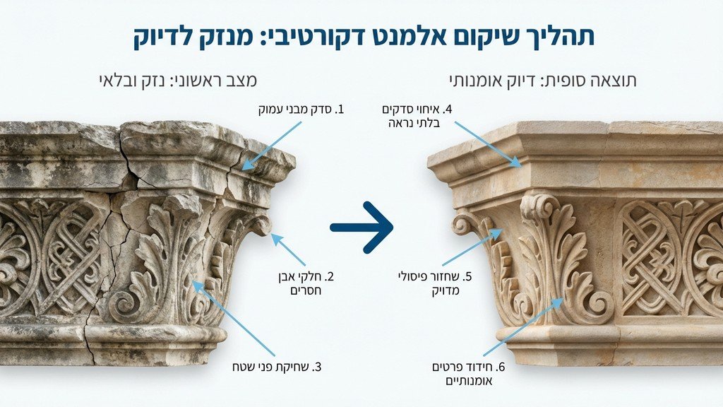 שחזור פרטים אדריכליים בבניין לשימור ותיקון קרניזים