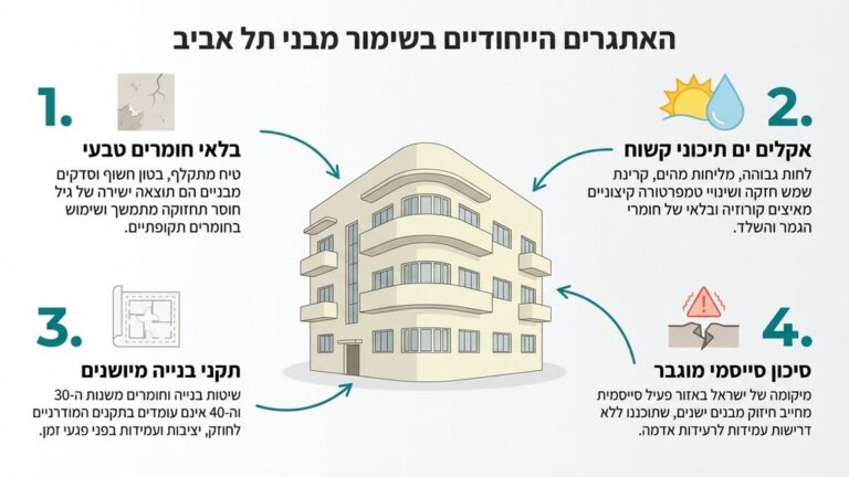 בניין מגורים ישן בתל אביב עם סימני בלאי טיח מתקלף וסדקים בקירות החיצוניים