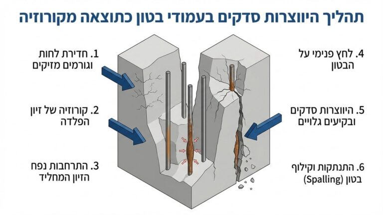 עמוד בטון תומך עם סדק אורכי וברזל חשוף המעיד על קורוזיה