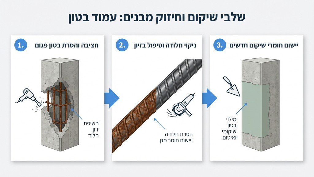 איש מקצוע מבצע שיקום בטון בעמוד, מריחת חומר מלט פולימרי