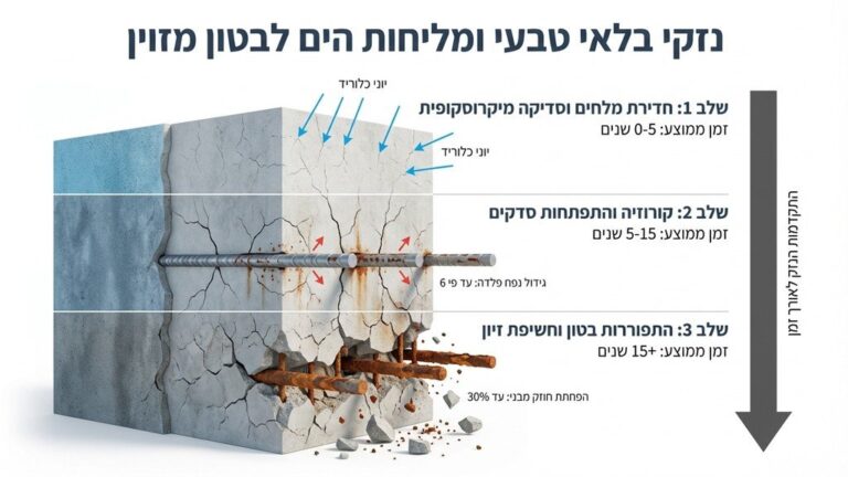 קיר בטון חיצוני בבניין בנתניה עם סדקים וברזל חלוד חשוף כתוצאה מקורוזיה
