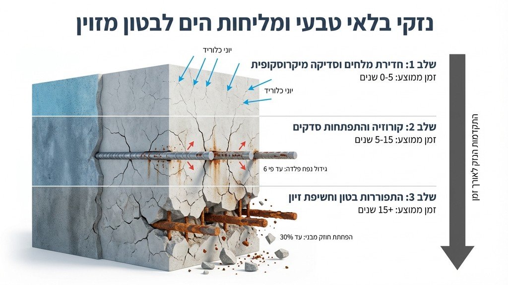 קיר בטון חיצוני בבניין בנתניה עם סדקים וברזל חלוד חשוף כתוצאה מקורוזיה