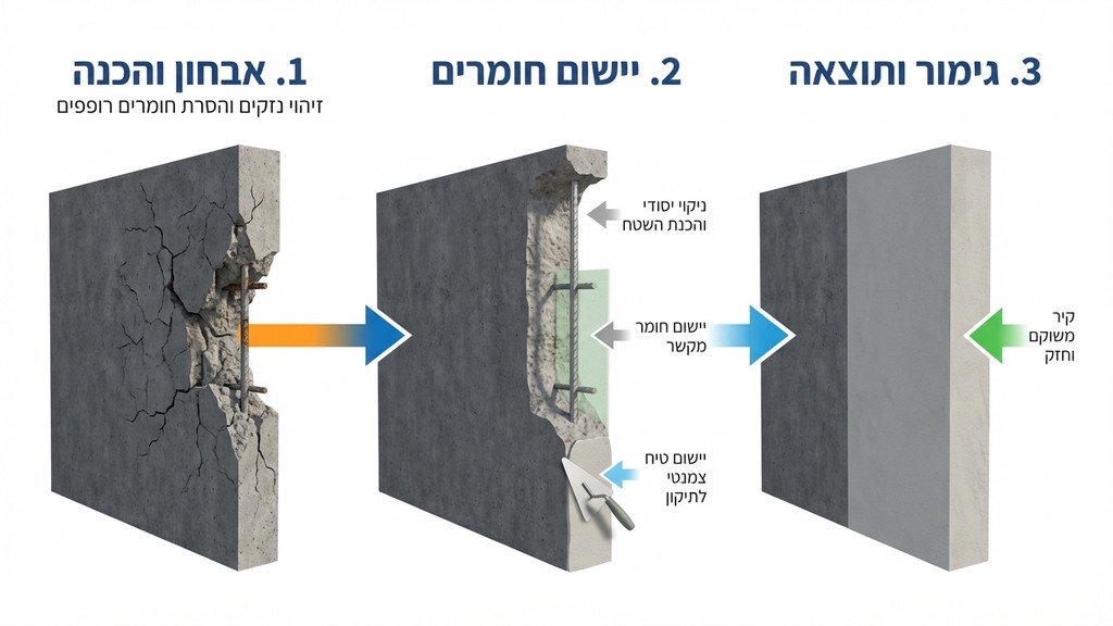 צוות עובדים מבצע עבודות שיקום בטון על פיגום בבניין מגורים