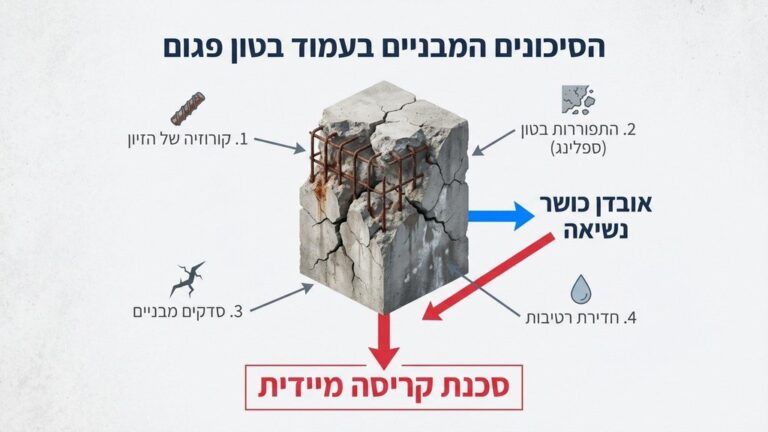 עמוד בטון סדוק עם ברזל חשוף הממחיש מבנה מסוכן