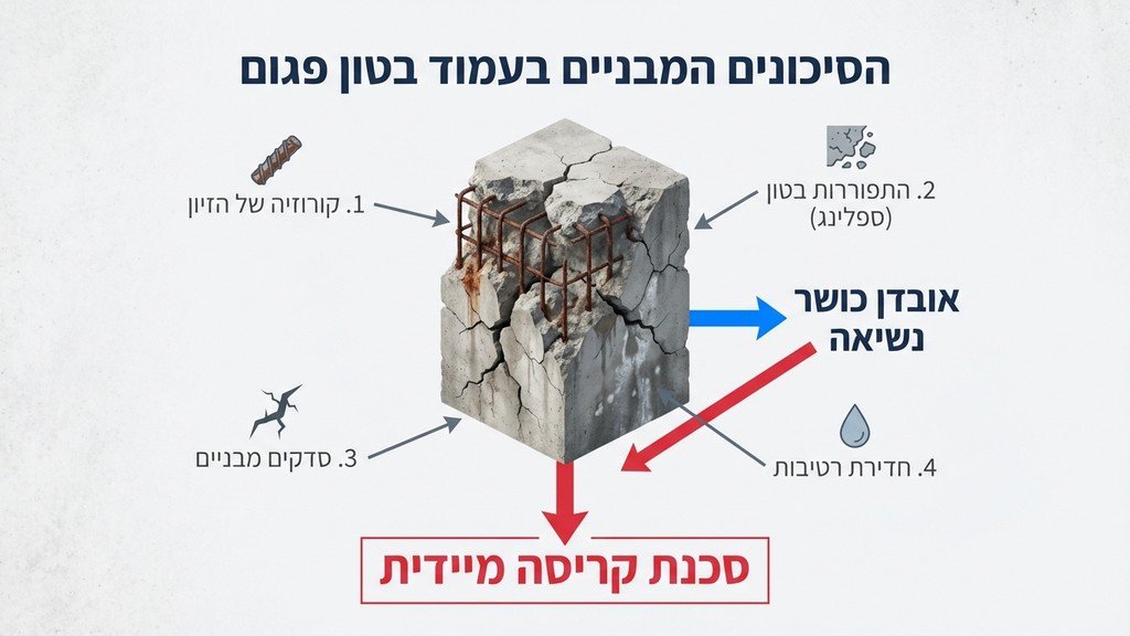 נוצר על ידי מודל בינה מלאכותית Gemini Pro עמוד בטון סדוק עם ברזל חשוף הממחיש מבנה מסוכן