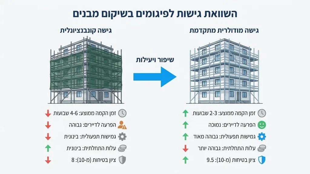 בניין מגורים משותף בתהליך שיפוץ עם פיגומים