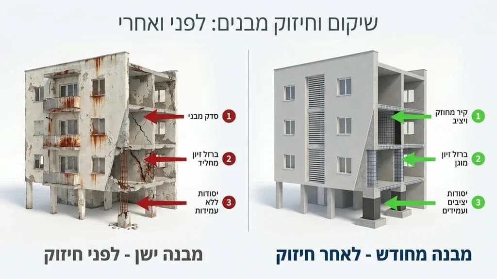 בניין מגורים לאחר עבודות שיפוץ וחידוש מעטפת