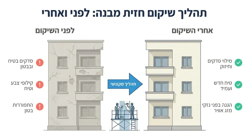 צוות מקצועי מבצע עבודות שיקום בחזית המבנה
